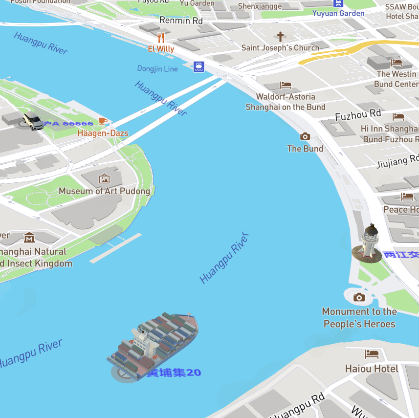 车、船、飞机与建筑组成的3D场景。